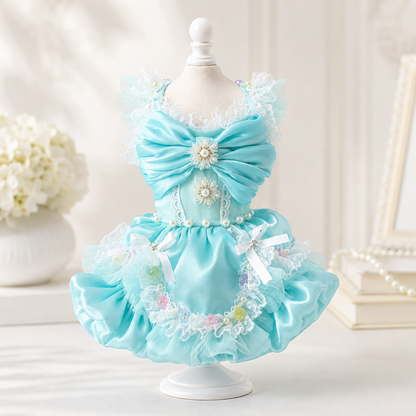 aqua blue princess dog dress with lace bow and pearl details for small dogs