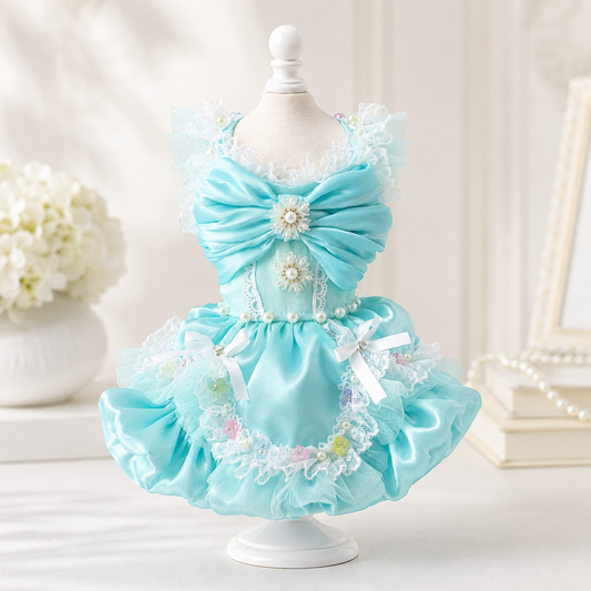 aqua blue princess dog dress with lace bow and pearl details for small dogs