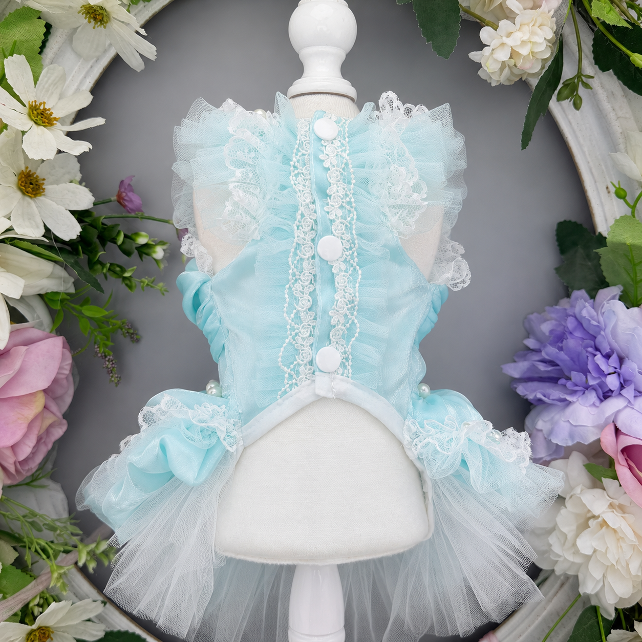 Handmade Aqua Blue Princess Dog Dress with Lace, Bow & Pearl Details