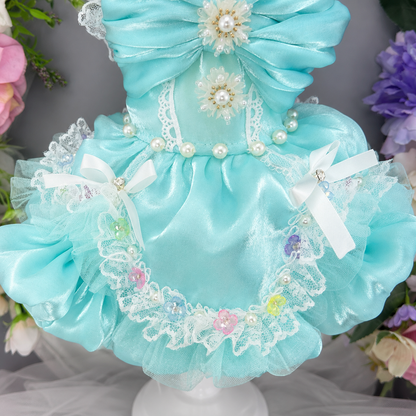 Handmade Aqua Blue Princess Dog Dress with Lace, Bow & Pearl Details