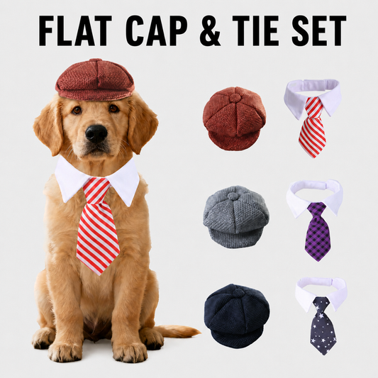 vintage flat cap and tie set for dogs brown newsboy hat with red stripe necktie