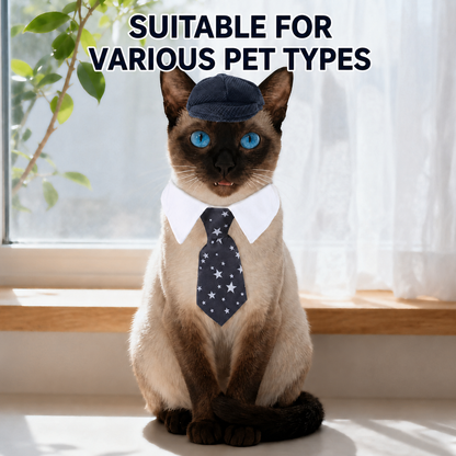 navy pet flat cap and star necktie outfit for stylish dog photos