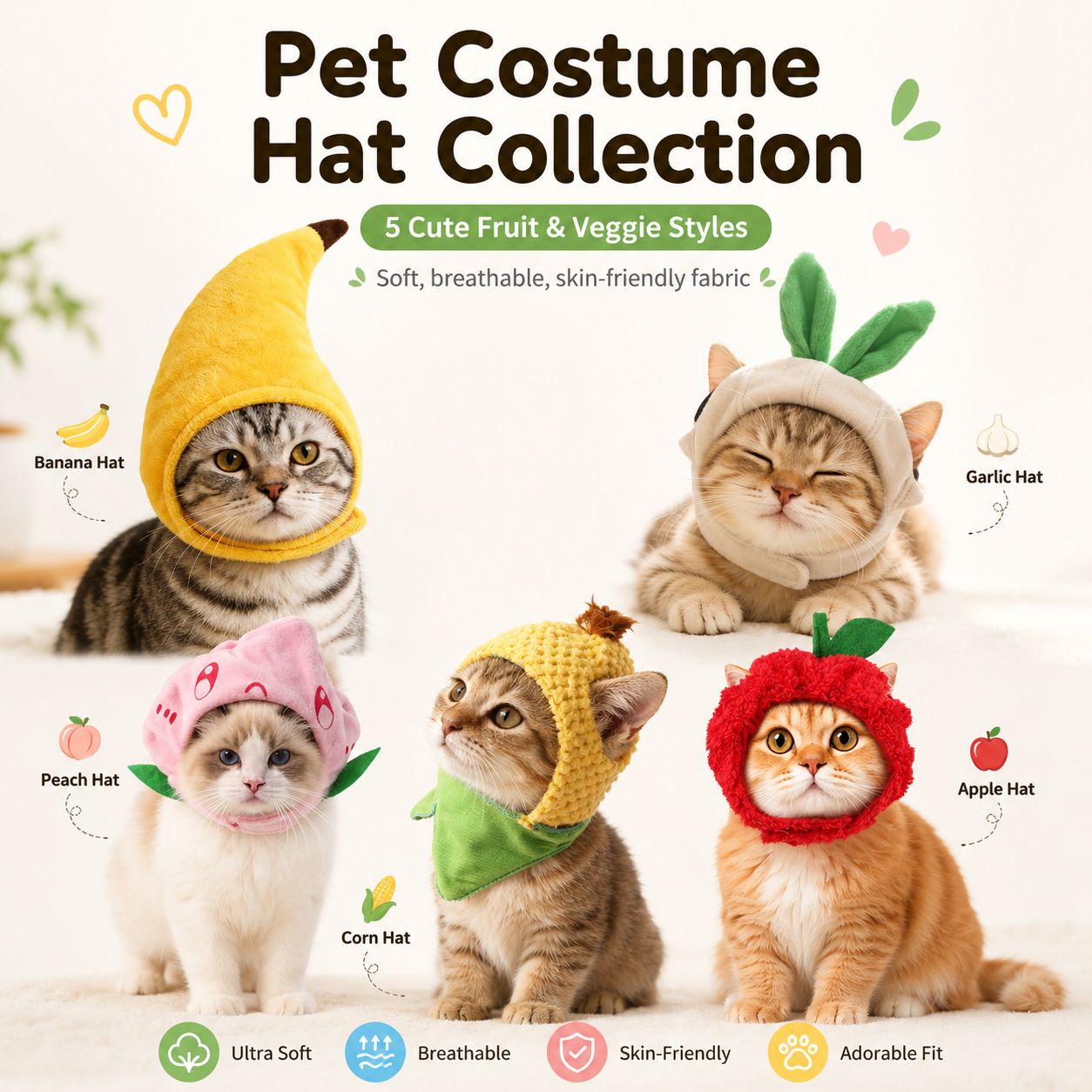 Cute banana cat costume hat for kittens and small pets