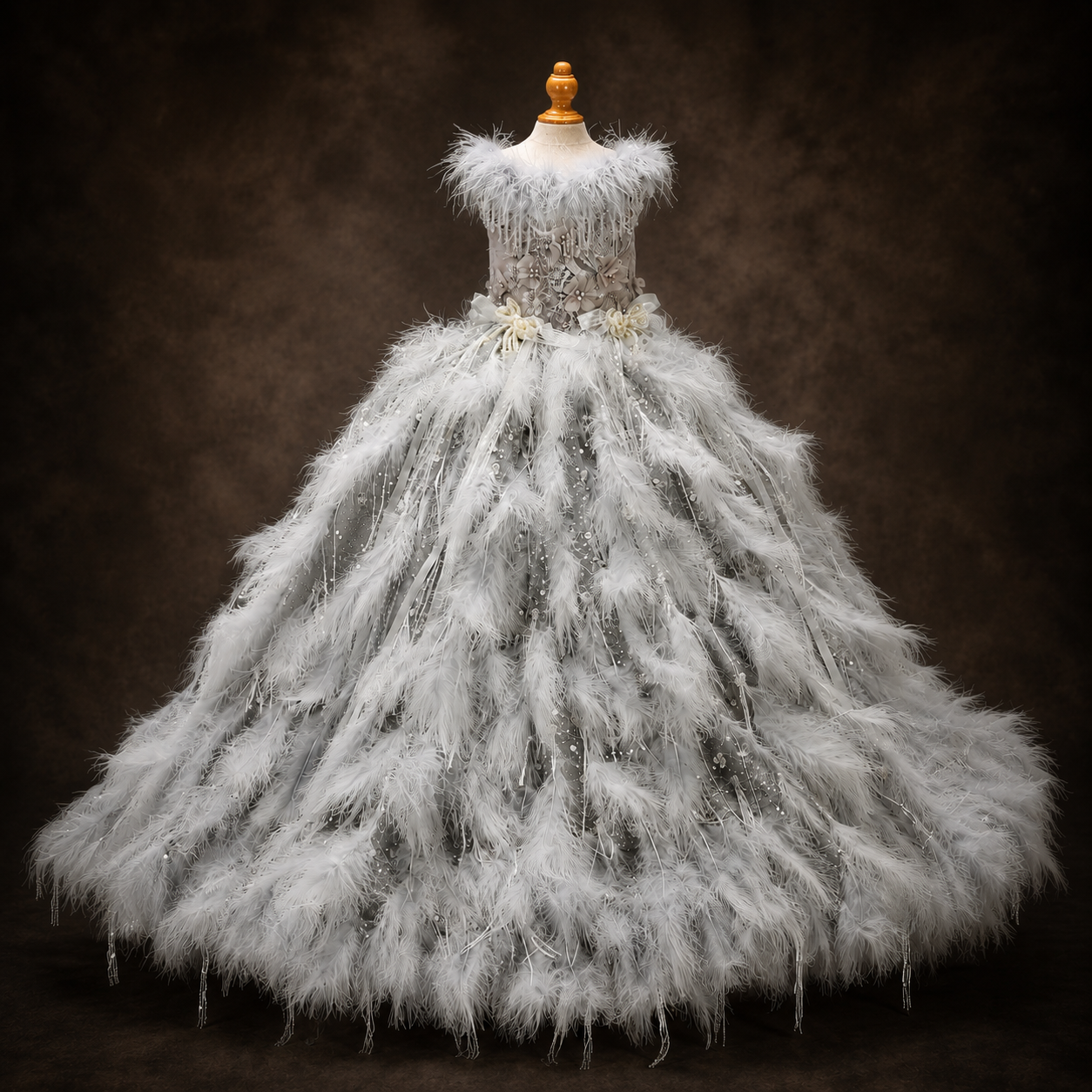 Silver feather dog wedding dress with dramatic train