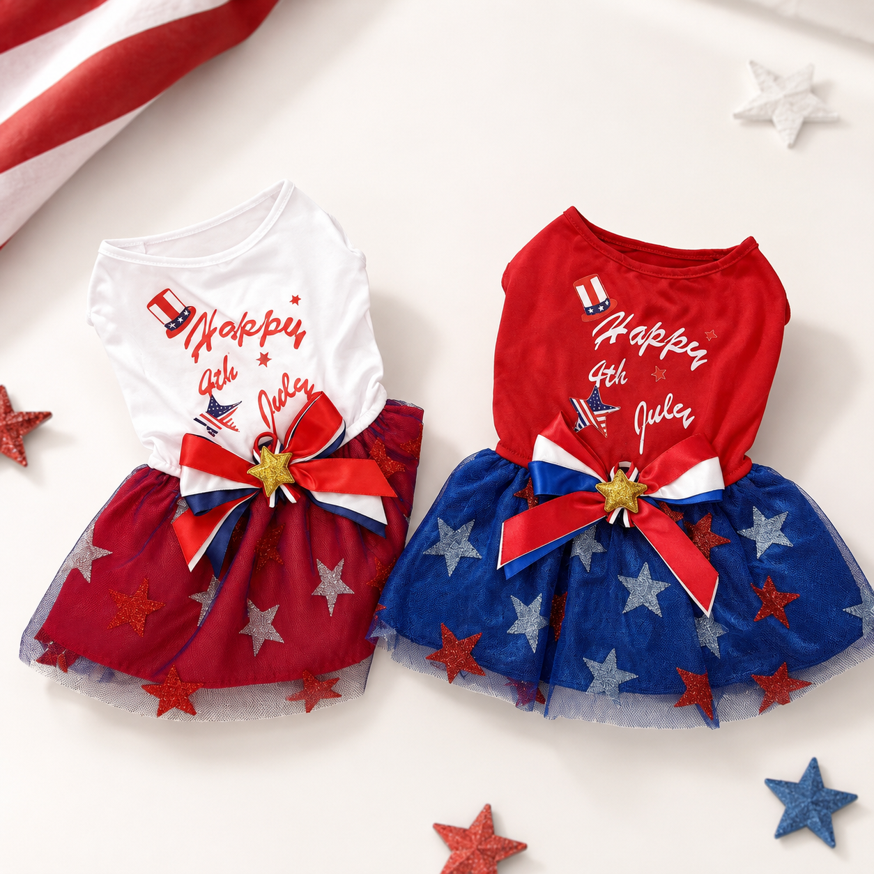 Patriotic 4th of July dog dress with glitter star skirt
