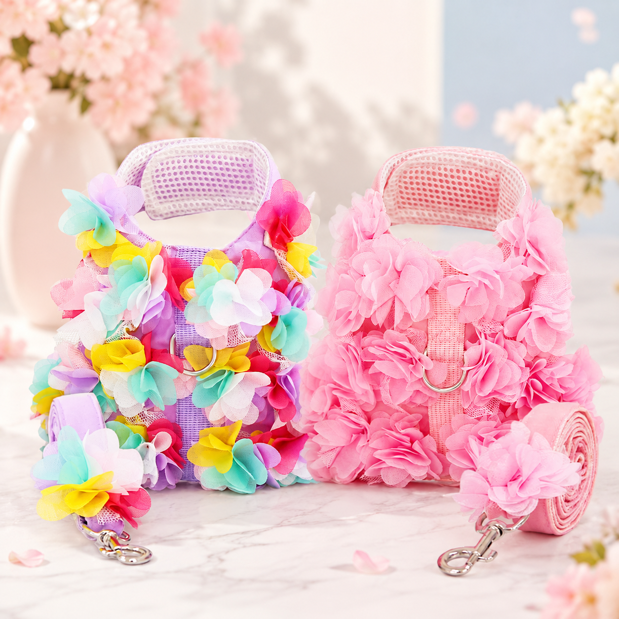 Rainbow floral dog harness with matching leash for small pets
