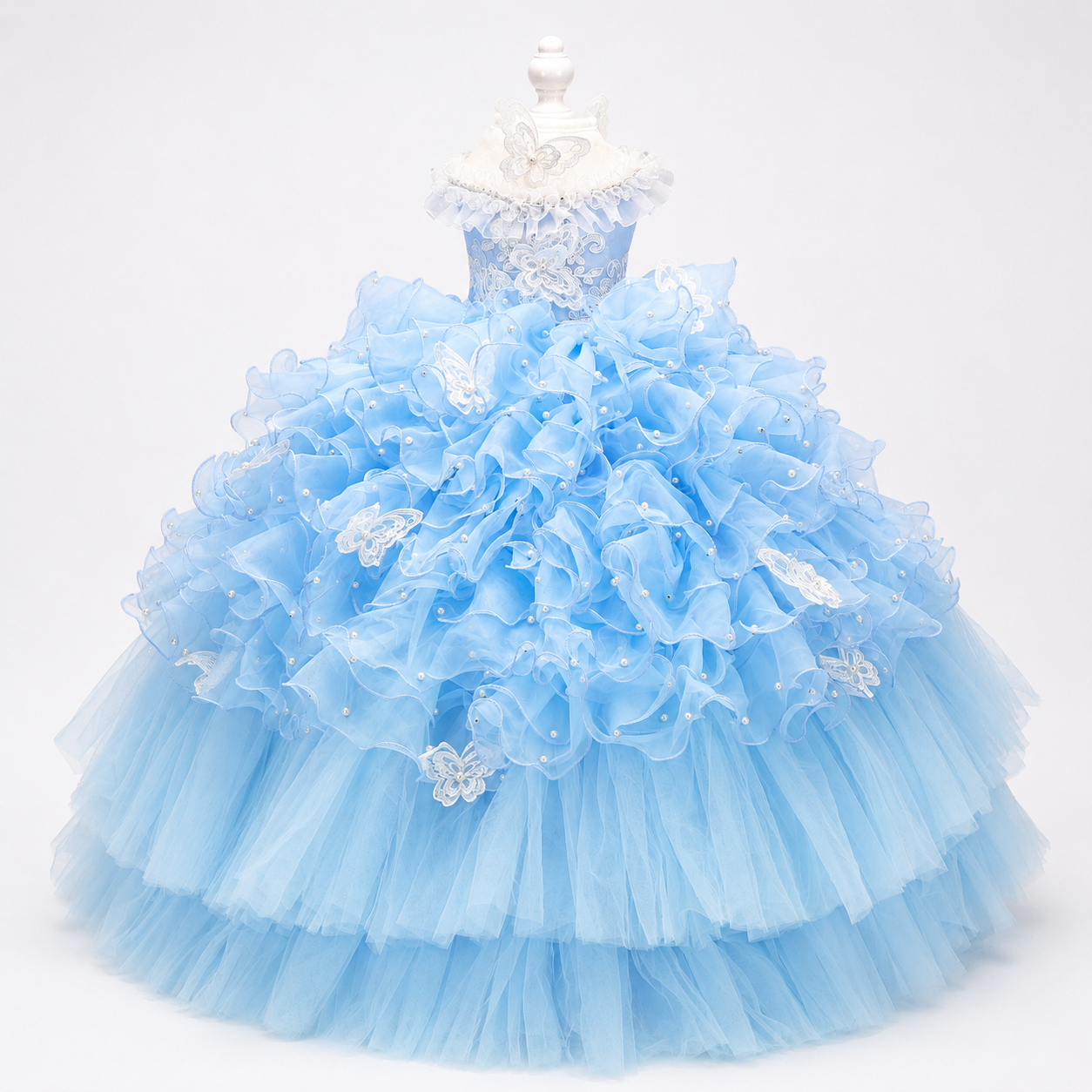 Sky blue luxury dog princess dress with butterfly lace