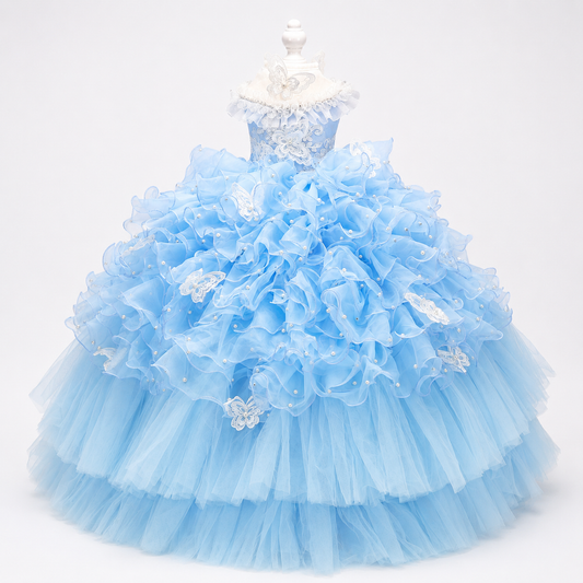 Sky blue luxury dog princess dress with butterfly lace