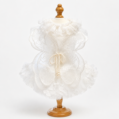 Handmade Luxury White Angel Dog Dress Pearl Butterfly Wedding Pet Dress