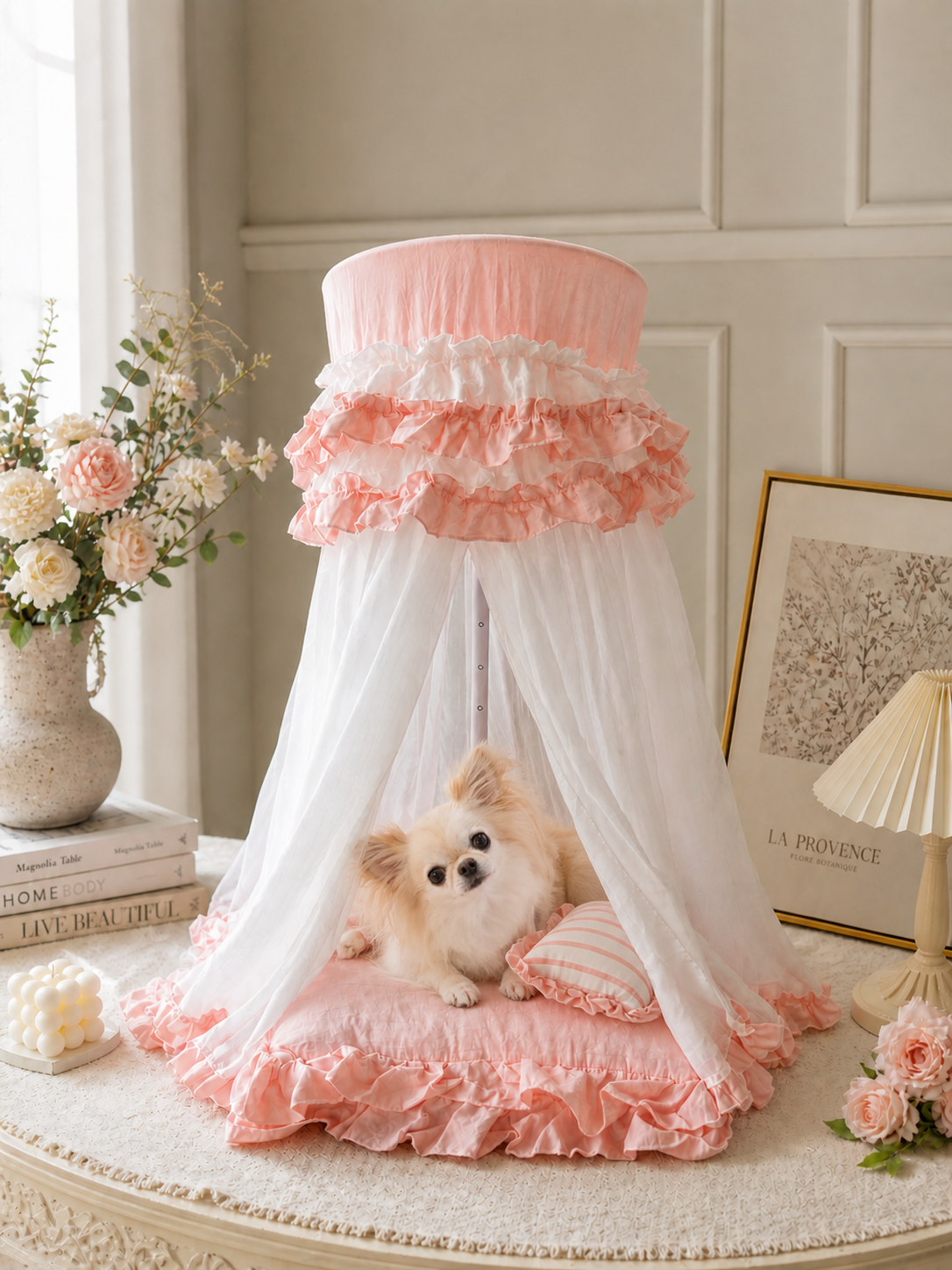 small dog canopy bed with mesh curtains and cushion