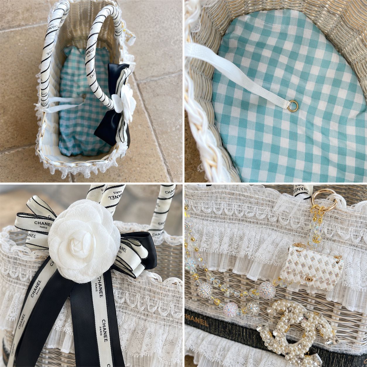 designer style woven dog tote with lace trim