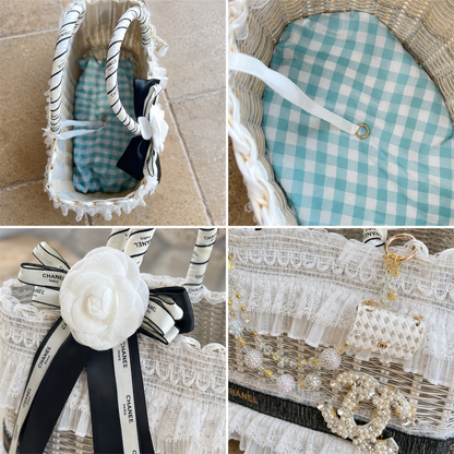 designer style woven dog tote with lace trim