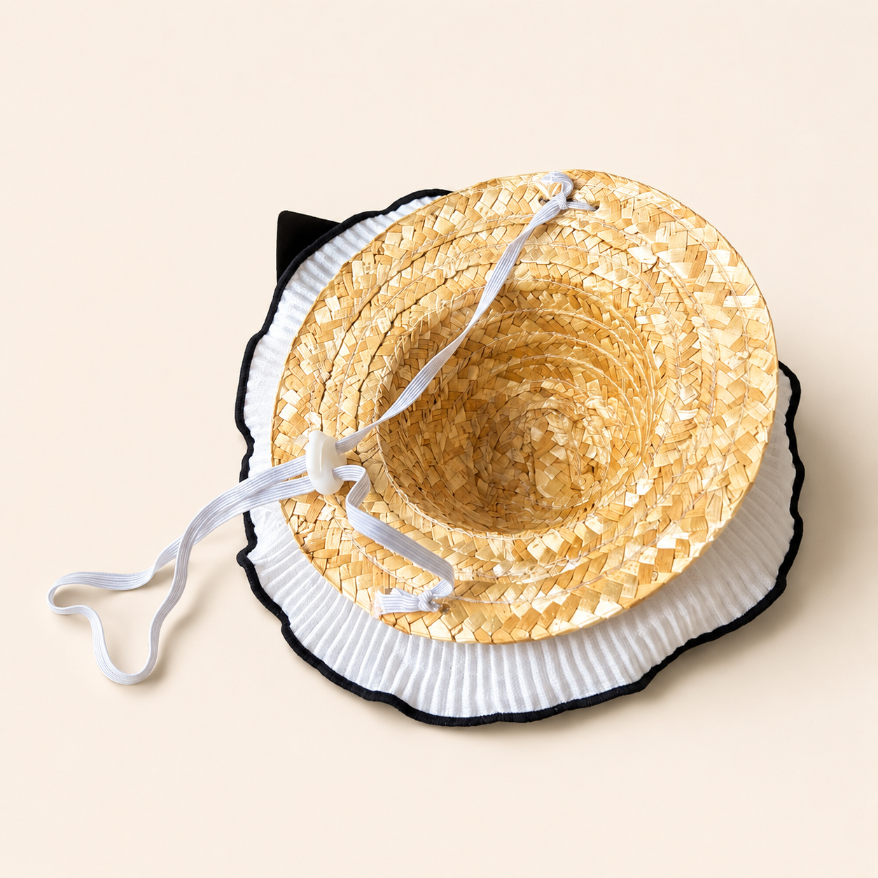 Vintage dog sun hat with lace ruffle brim and floral accent