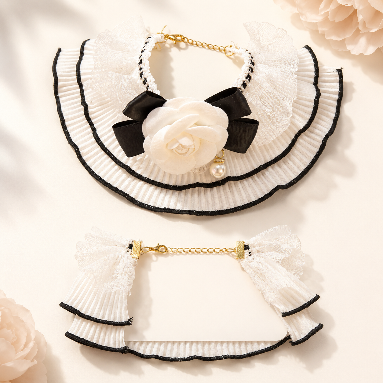 Elegant lace pet collar with white camellia flower and black bow