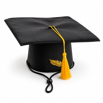 Black pet graduation cap with gold tassel and adjustable chin strap