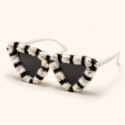 Luxury rhinestone cat eye pet sunglasses with black and white trim