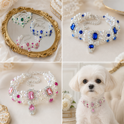 elegant dog pearl necklace with blue rhinestone accents