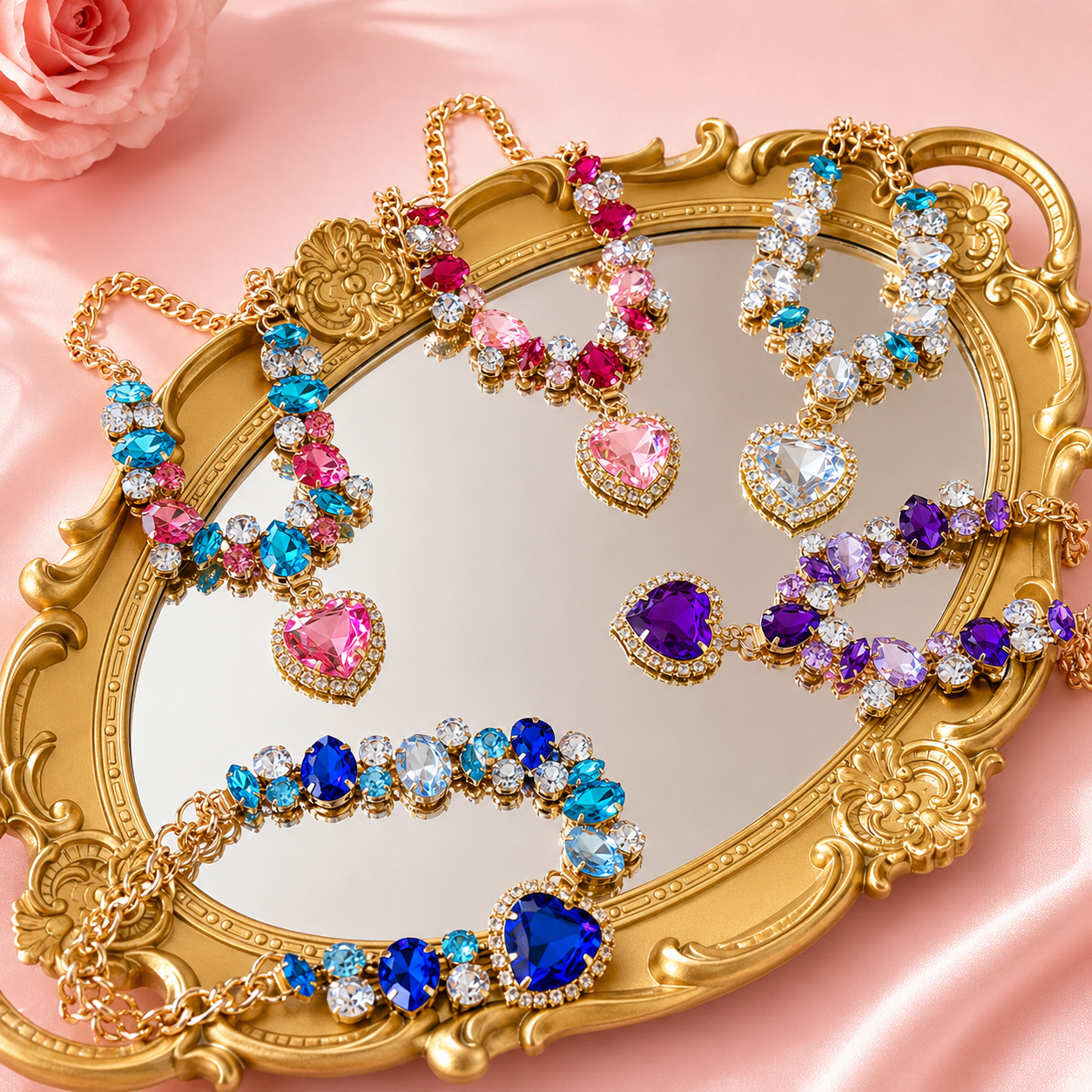 Luxury heart crystal pet necklace with colorful rhinestones and pearl-style beads for small dogs and cats