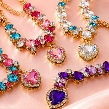 Colorful rhinestone dog necklace with gold chain and heart-shaped crystal pendant