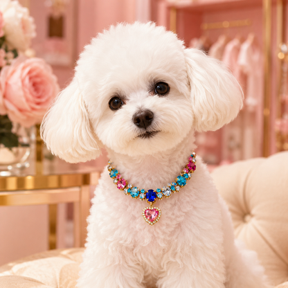 Small white dog wearing a sparkling heart pendant pet necklace in a pink boutique setting