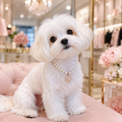 small white dog wearing pearl heart necklace