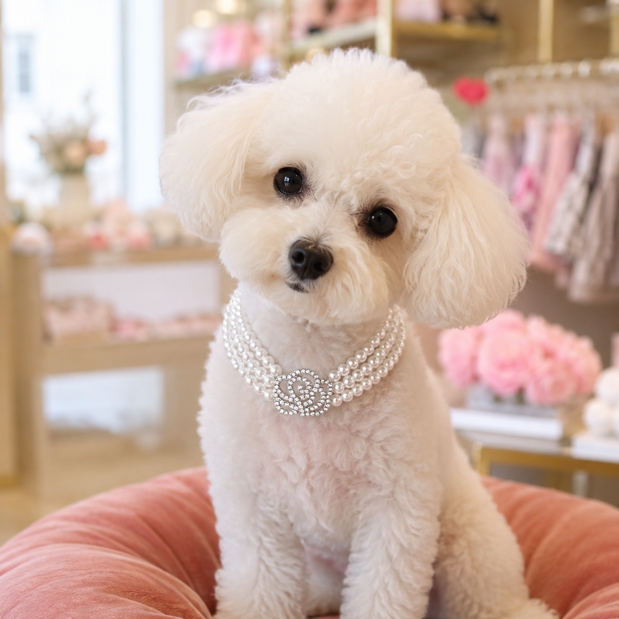 Boutique pet jewelry featuring layered pearls and sparkling rose charm