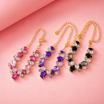 Luxury crystal pet necklace with pink rhinestone gemstones and gold chain