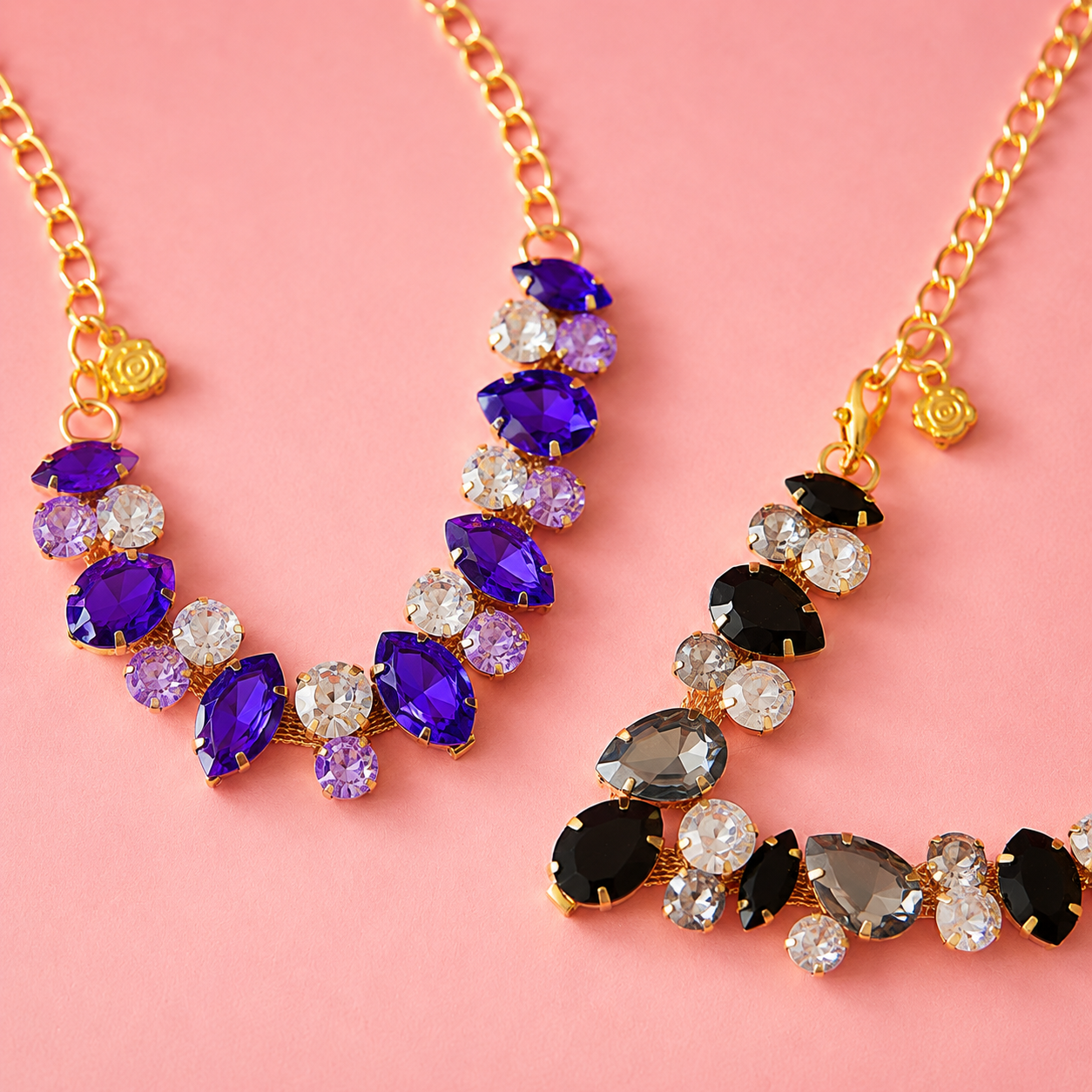 White Maltese wearing pink crystal statement necklace