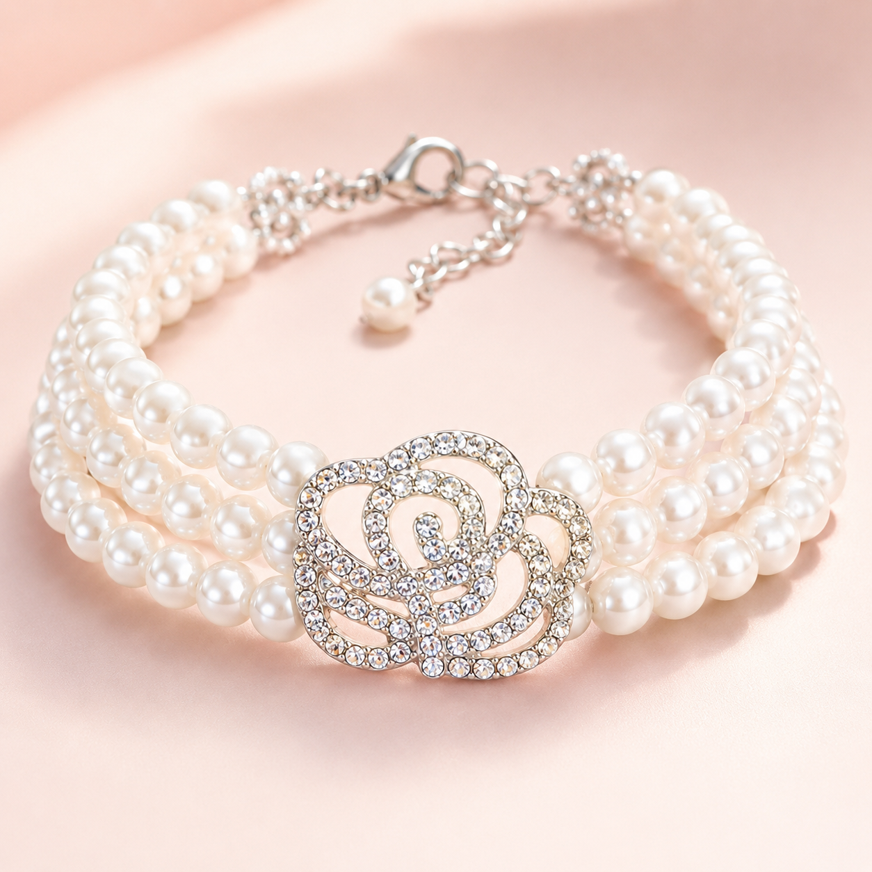 White Maltese dog wearing luxury pearl rose pet necklace in boutique setting
