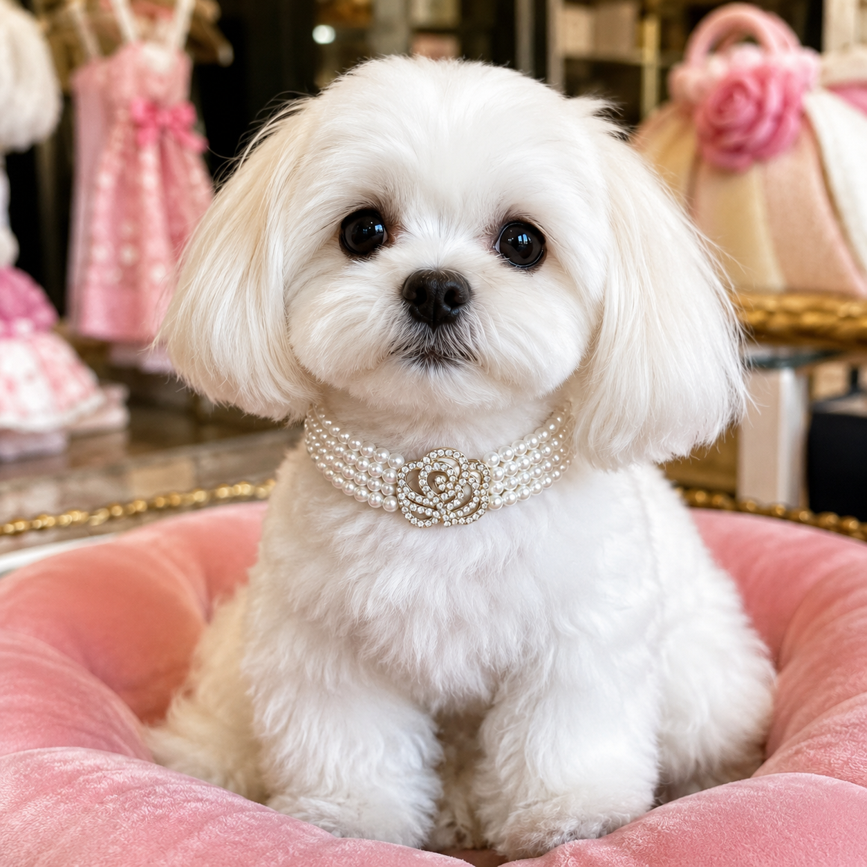 Four-row pearl pet necklace with crystal rose centerpiece and adjustable clasp