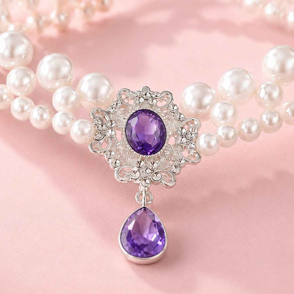 White Maltese wearing elegant pearl pet jewelry collar