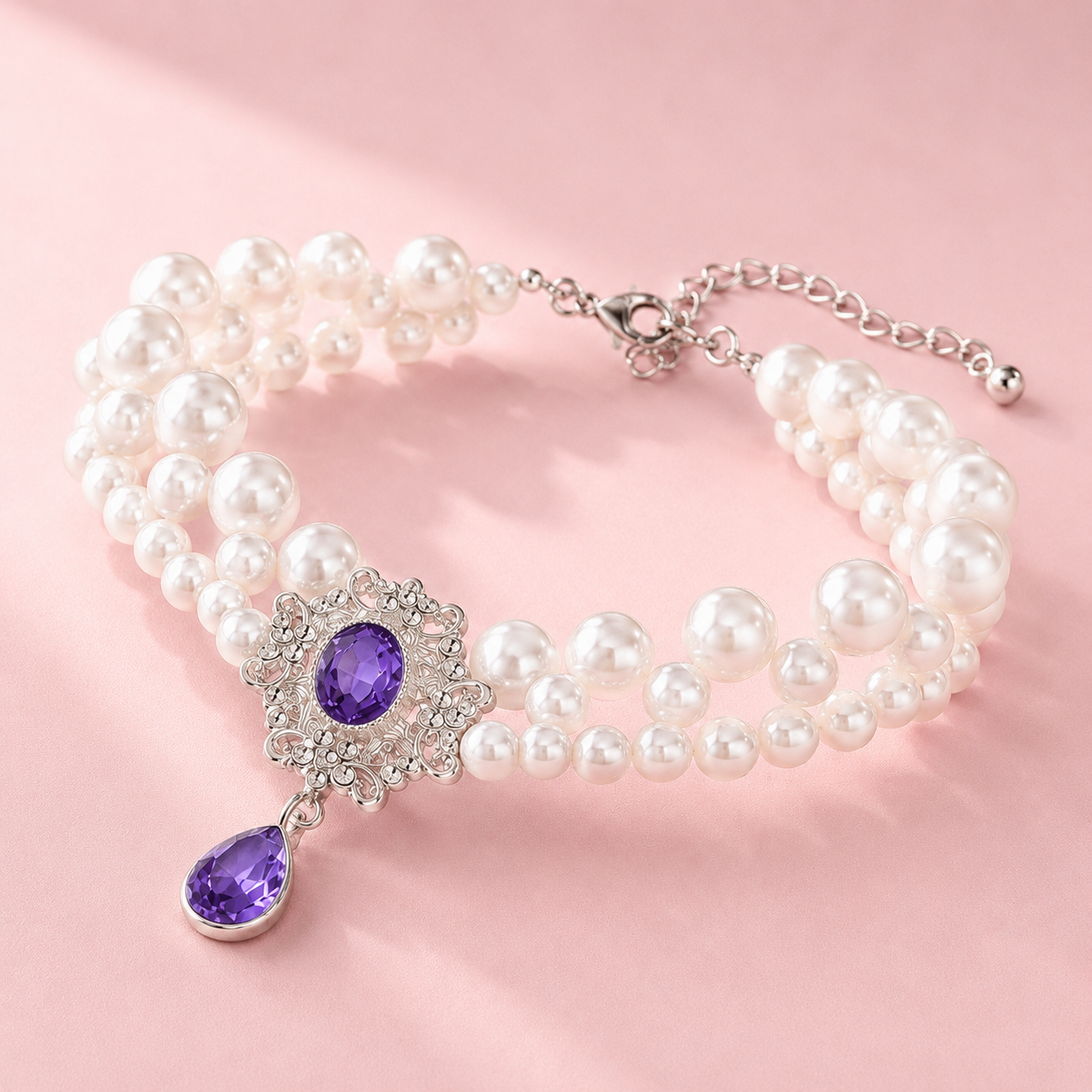 Royal pearl pet necklace with purple crystal pendant for dogs