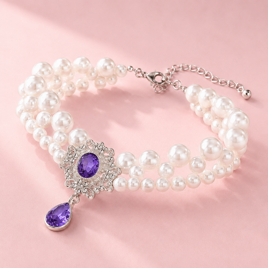 Royal pearl pet necklace with purple crystal pendant for dogs