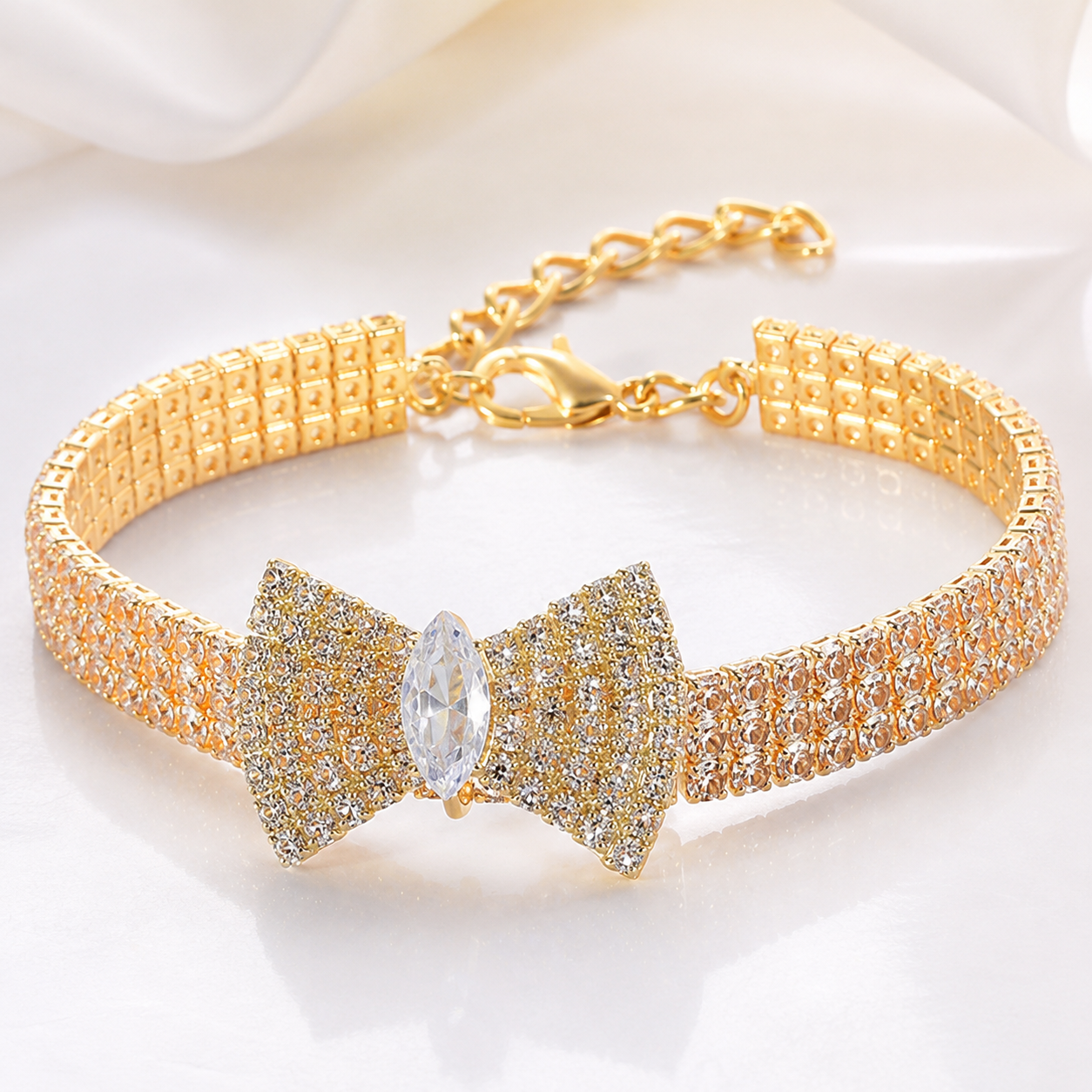 Adjustable luxury dog collar necklace with crystal bow