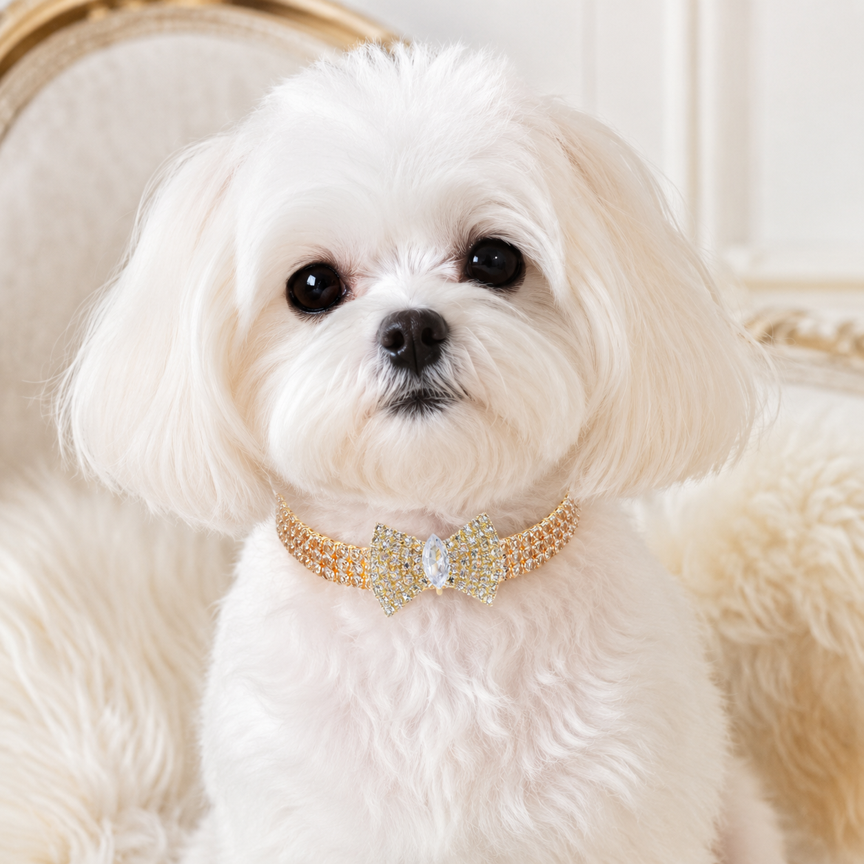 Gold rhinestone dog necklace with sparkling bow centerpiece