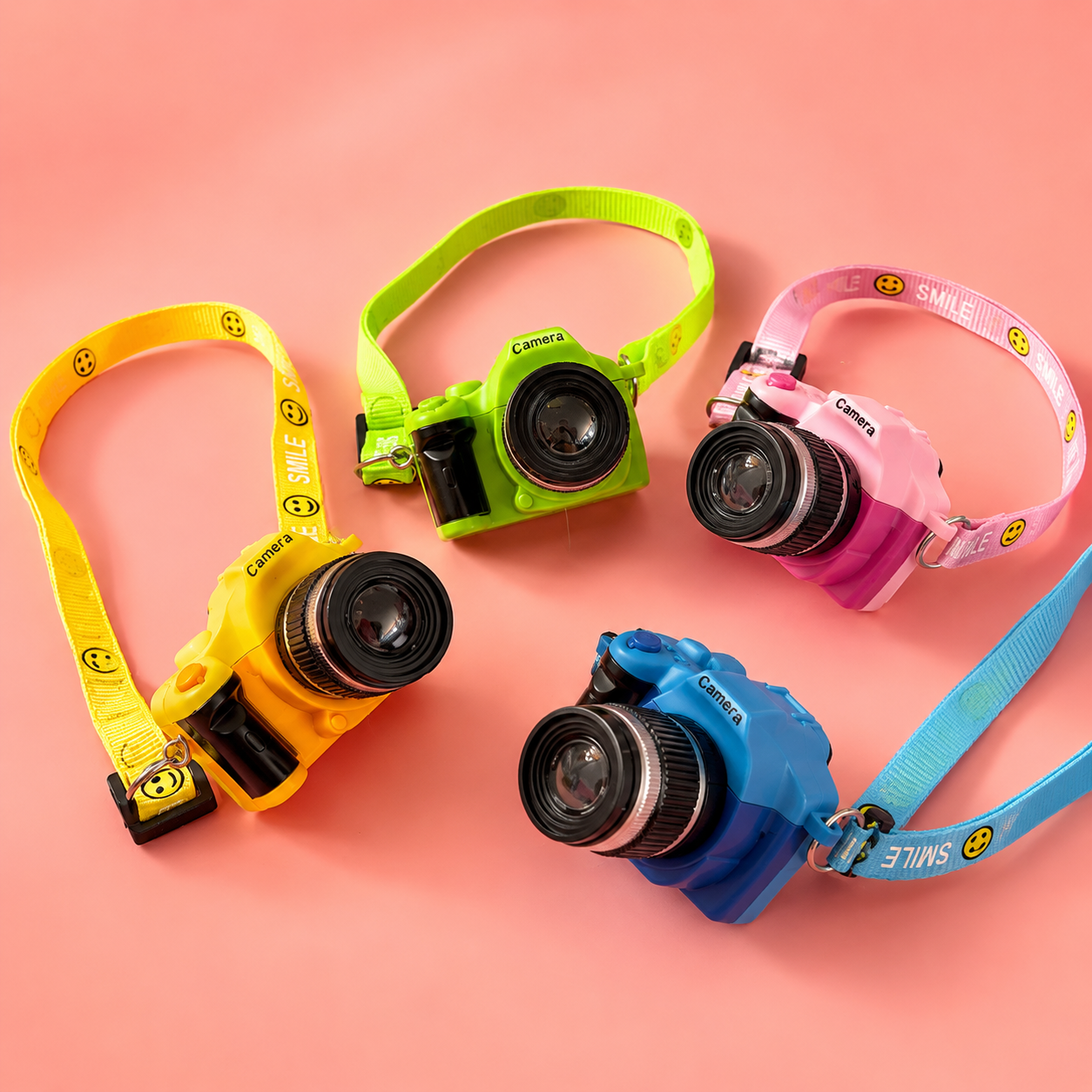 Yellow, green, pink and blue interactive camera pet necklaces with shutter sound and flashing light for dogs and cats