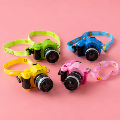 Colorful interactive camera pet necklaces in yellow, green, blue and pink with smile-print adjustable straps for dogs and cats