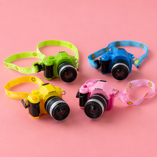 Colorful interactive camera pet necklaces in yellow, green, blue and pink with smile-print adjustable straps for dogs and cats