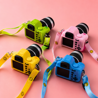 Back views of yellow, green, pink and blue camera pet necklaces with colorful adjustable straps