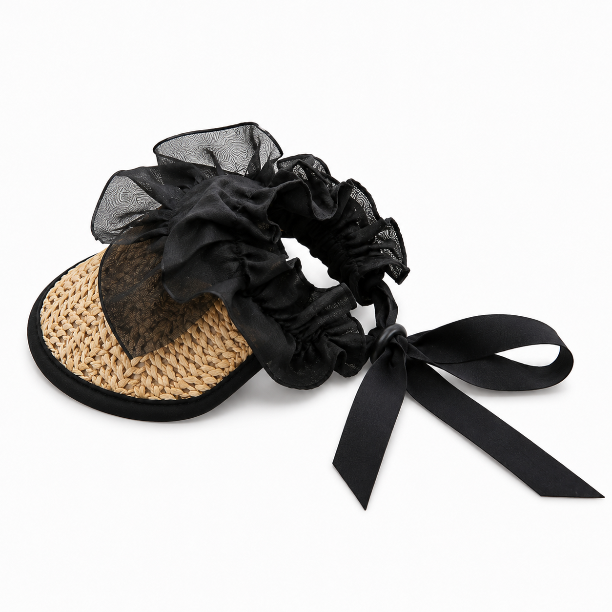 Black lace straw pet hat showing decorative bow, ruffled organza trim and adjustable ribbon ties for small dogs and cats