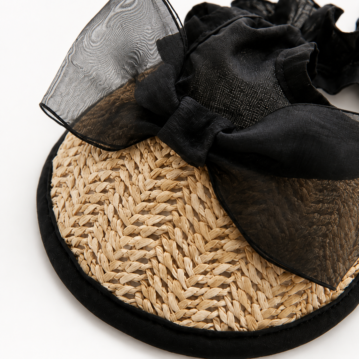 Close-up of natural woven straw and black organza lace trim on an elegant pet hat for small dogs and cats