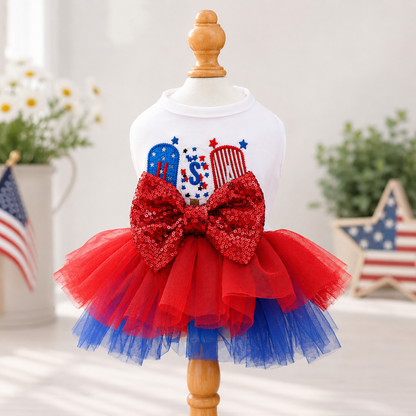 Patriotic USA dog dress with red sequin bow and blue tutu skirt