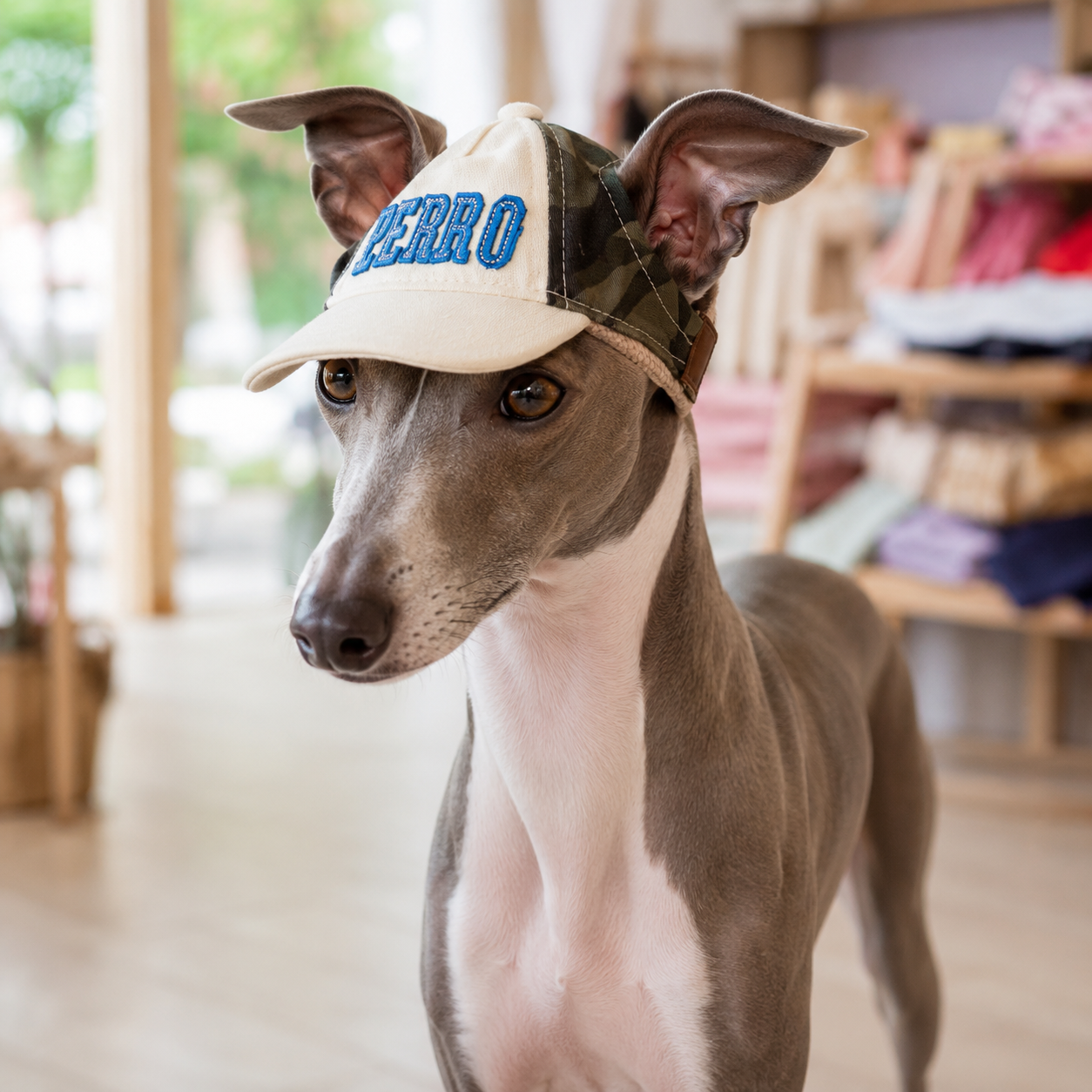 Italian Greyhound wearing camouflage dog baseball hat