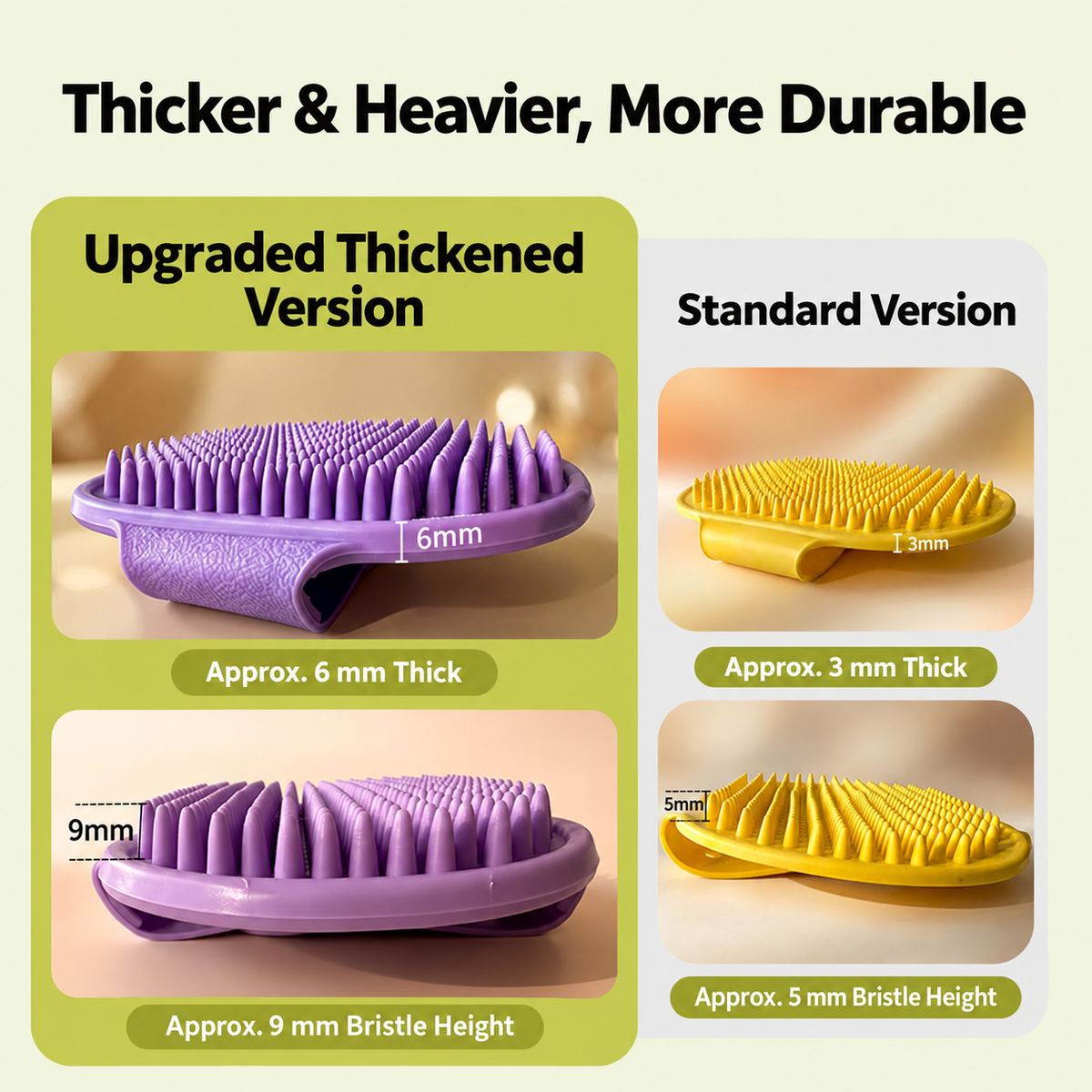 Purple TPR pet bath brush side profile showing thick base and rounded bristles