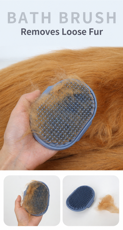 Blue handheld pet bath brush collecting loose fur from a coat