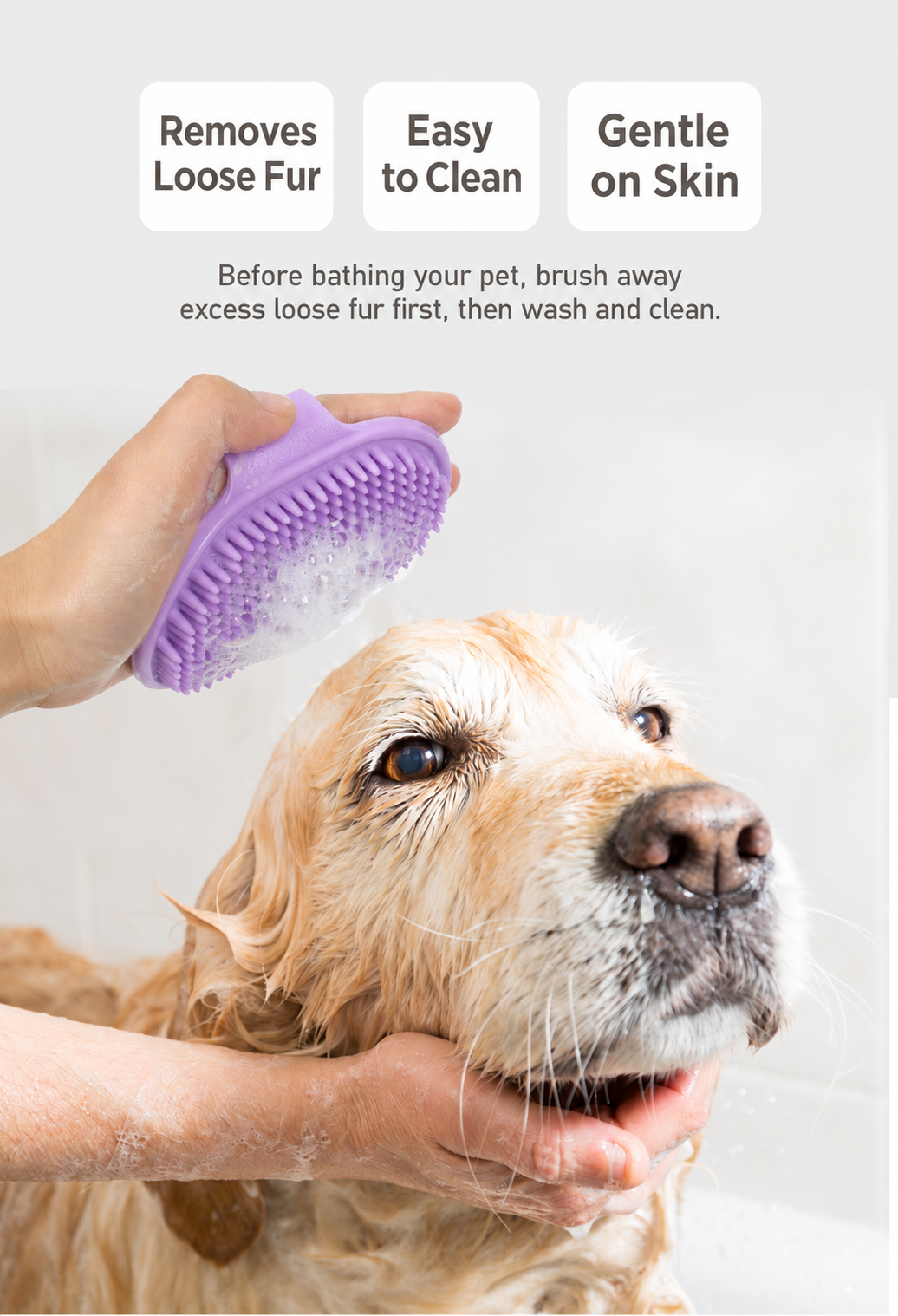 Purple palm-grip bath brush lathering a wet dog coat
