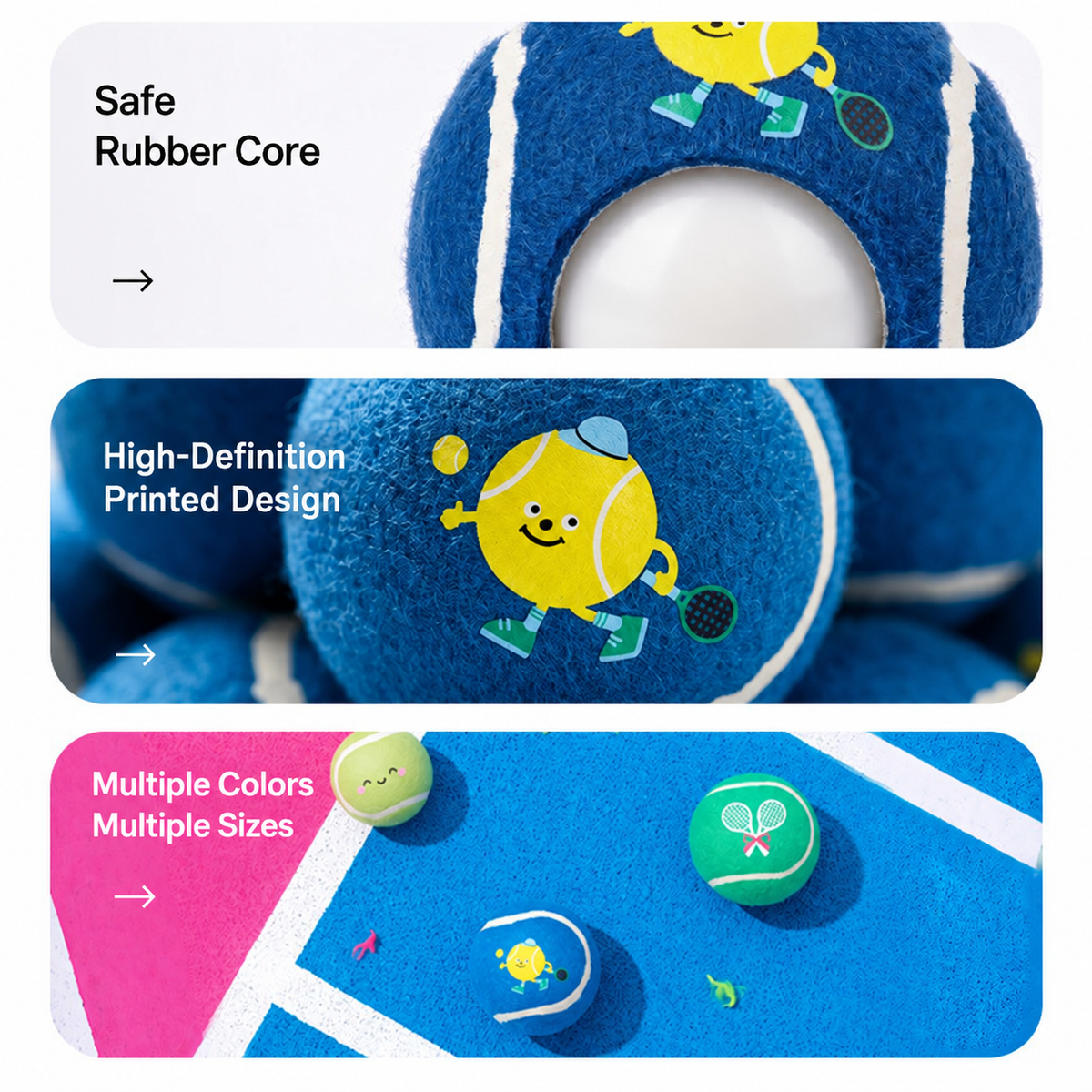 Close views of blue character print tennis ball and available designs