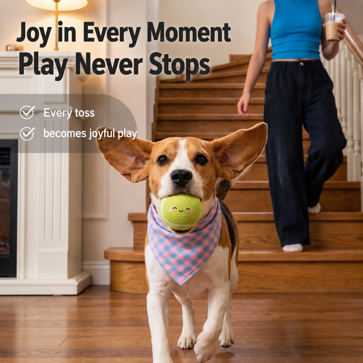 Dog carrying a light green smiley tennis ball indoors