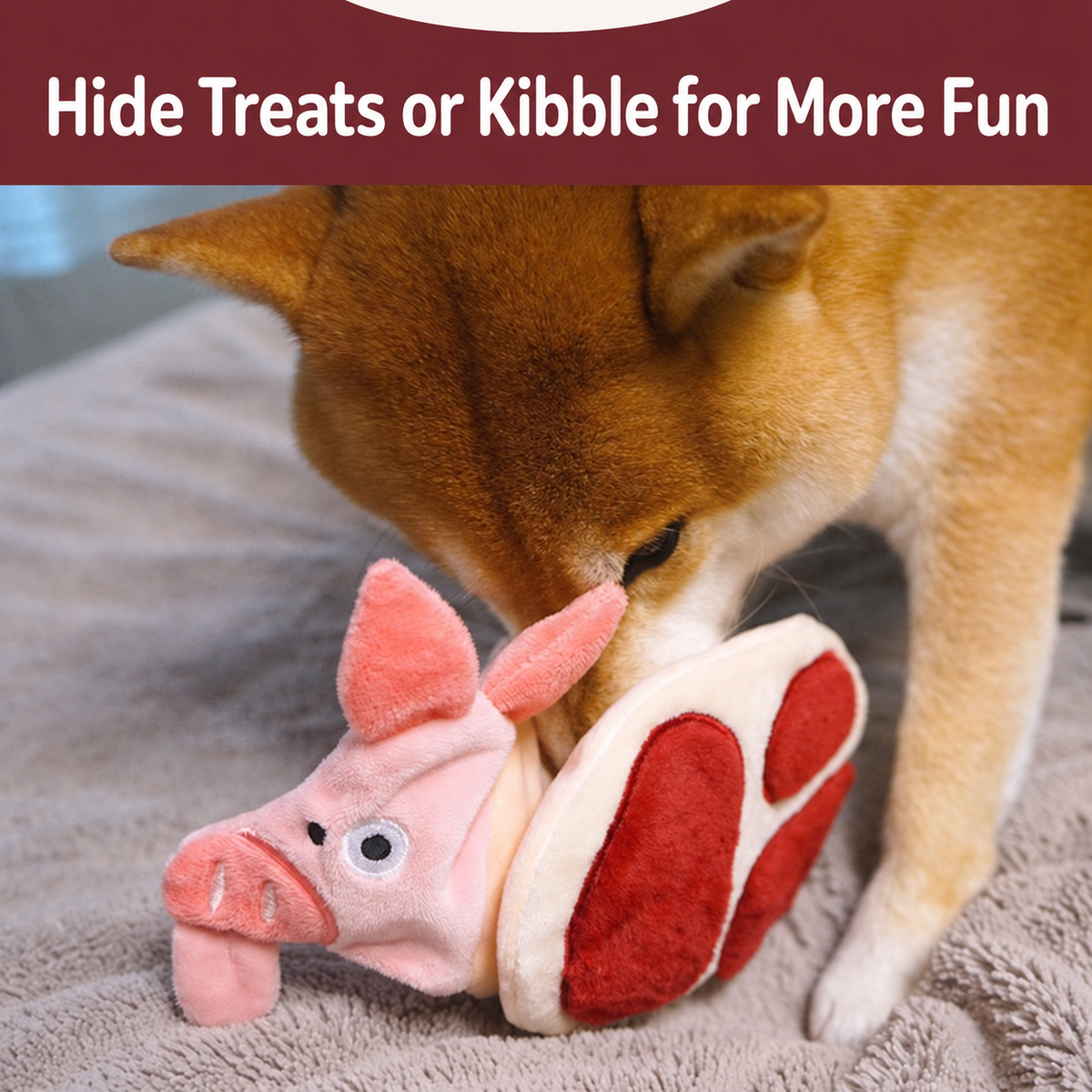Dog sniffing the treat pocket inside a pork chop plush snuffle toy