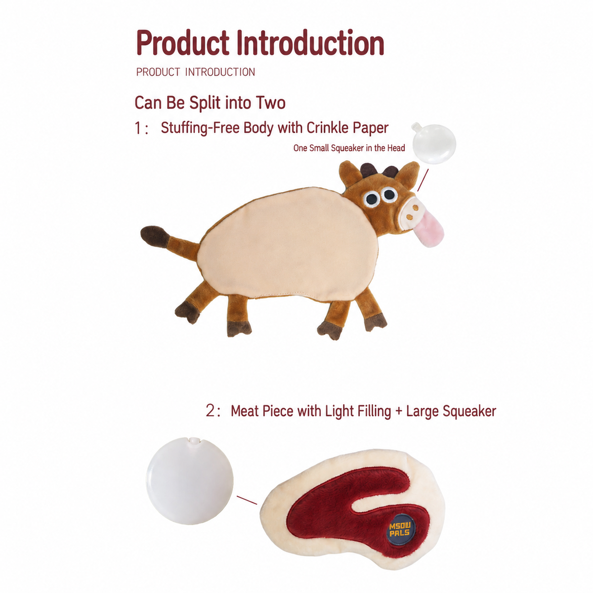 Two-piece beef steak plush toy showing crinkle body and squeaker insert
